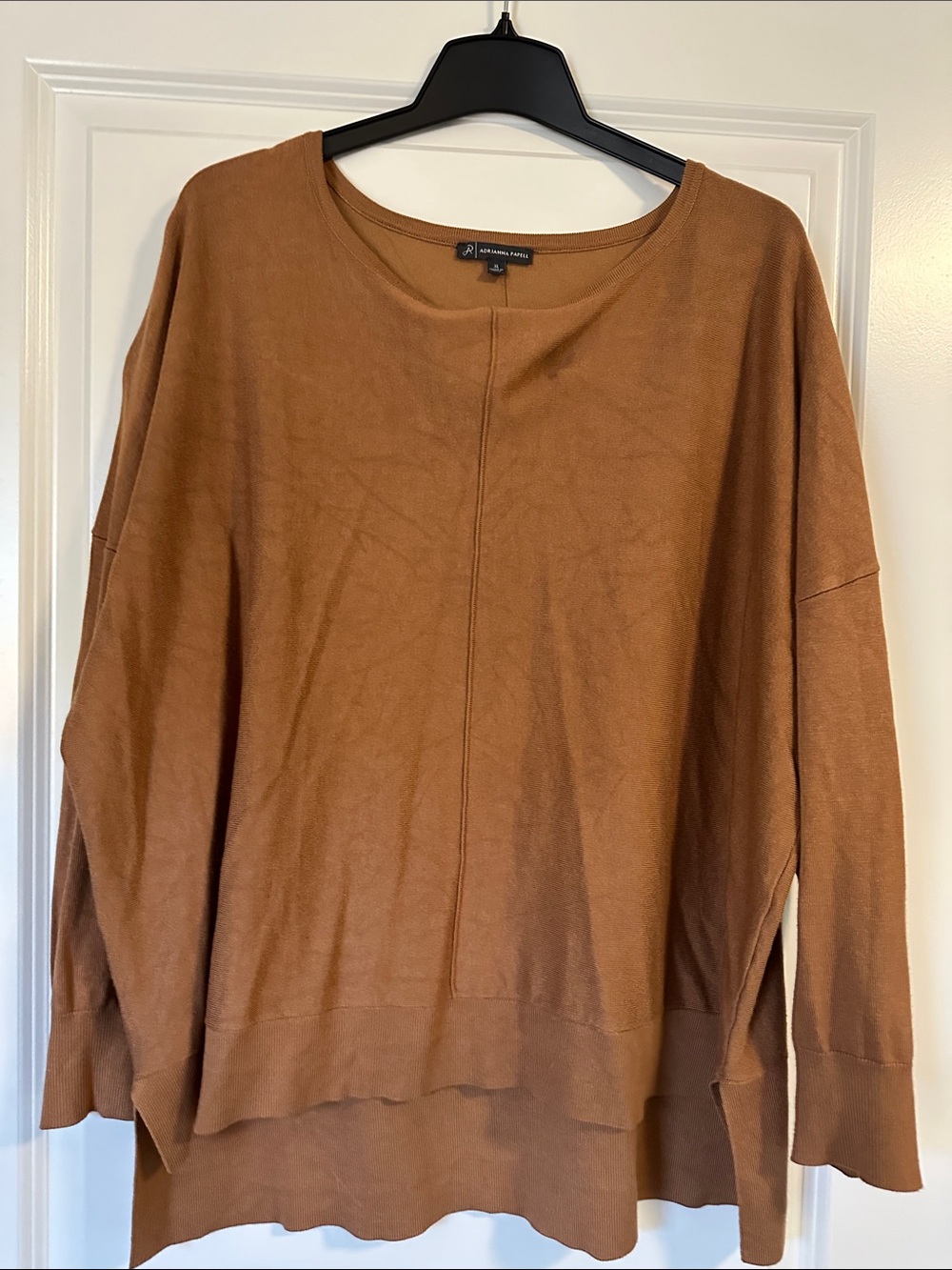 Adrianna Papell Relaxed Oversized Crewneck Sweater in Camel Brown